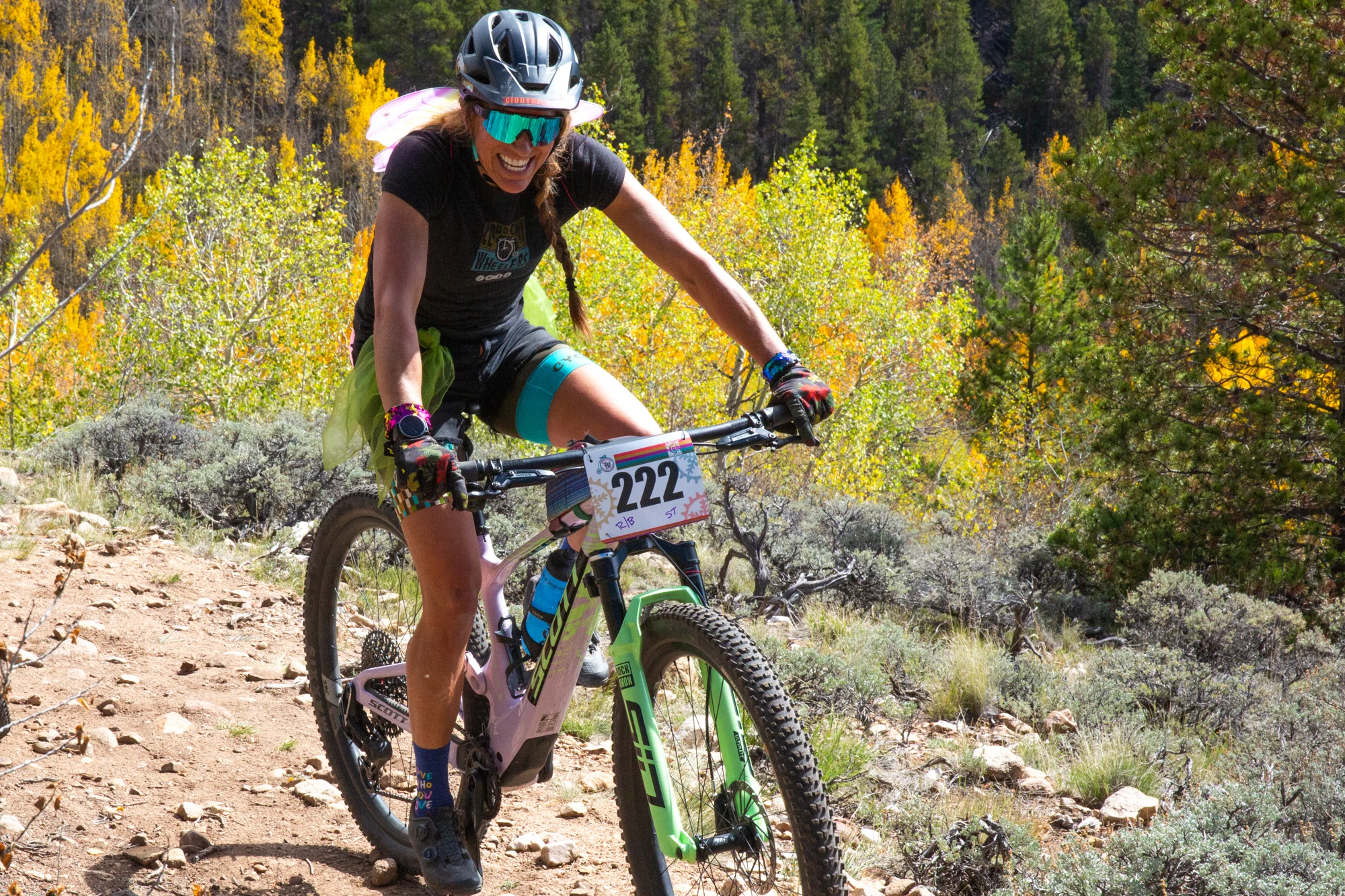 Rider 222 on autumn aspen singletrack.